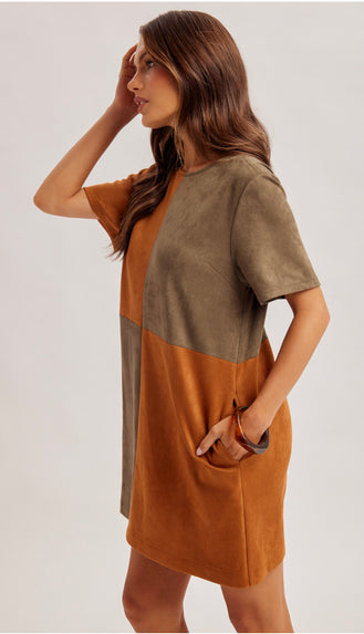 Harvest Check Colorblock Dress- Caramel/Olive
