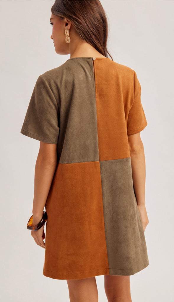 Harvest Check Colorblock Dress- Caramel/Olive