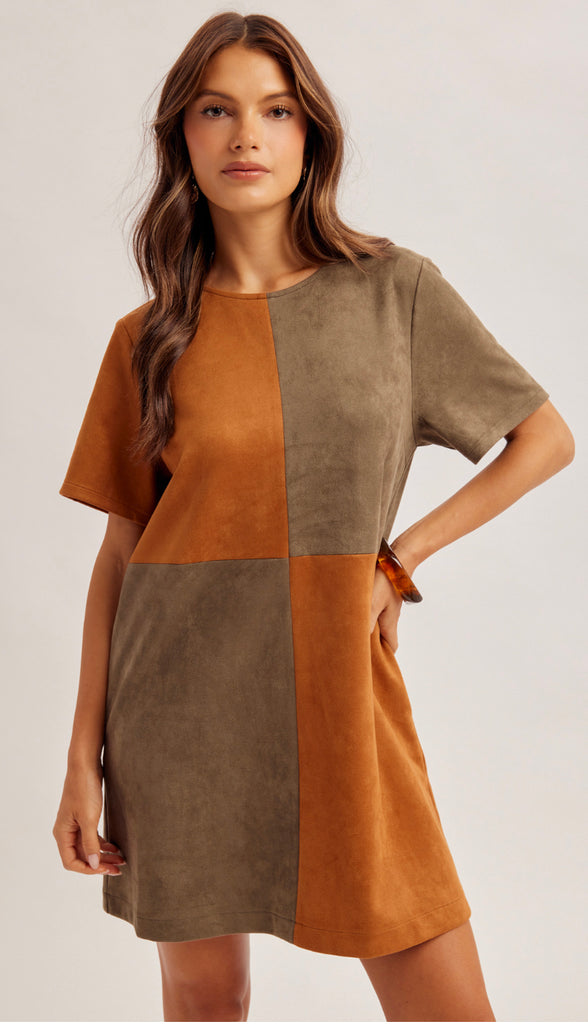 Harvest Check Colorblock Dress- Caramel/Olive