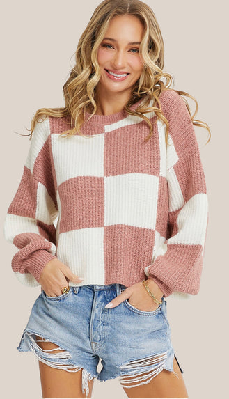 Checker Crewneck Sweater- Ivory Mauve
