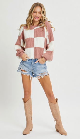 Checker Crewneck Sweater- Ivory Mauve