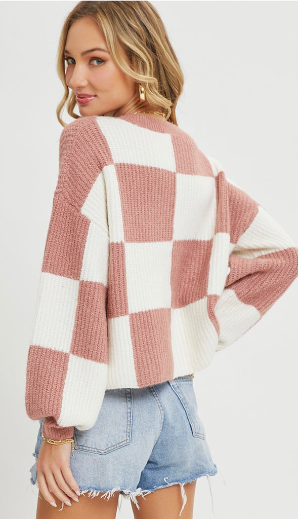 Checker Crewneck Sweater- Ivory Mauve