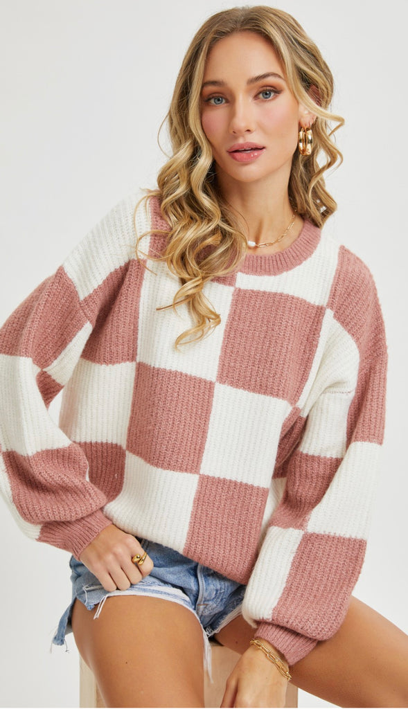 Checker Crewneck Sweater- Ivory Mauve