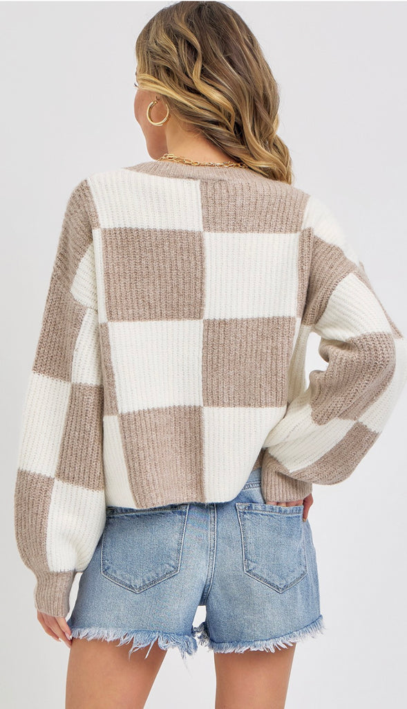 Checker Crewneck Sweater- Ivory Mocha