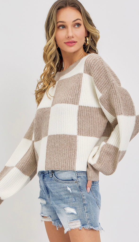 Checker Crewneck Sweater- Ivory Mauve