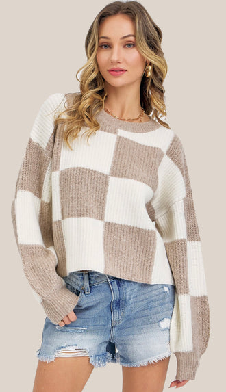 Checker Crewneck Sweater- Ivory Mocha