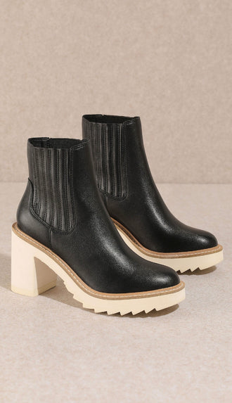 Block Heel Ankle Booties- Black/Cream/Tan