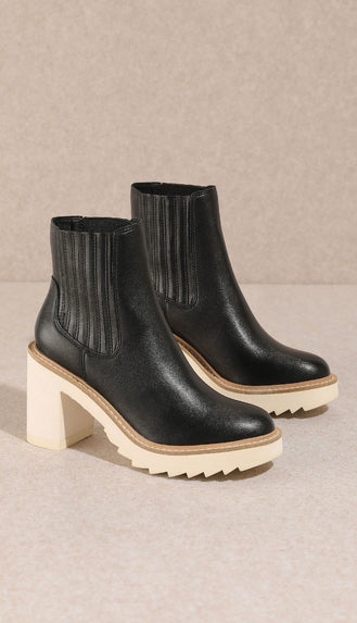 Block Heel Ankle Booties- Black/Cream/Tan