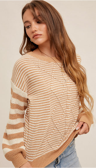 Chenille Stripe Bubble Sleeve Sweater- Apricot