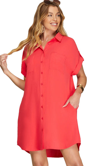 Cherry On Top Button Up Shirt Dress- Cherry Red