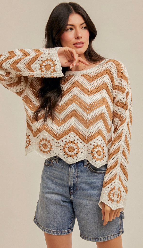 Sasha Chevron Crochet Top- Taupe/White