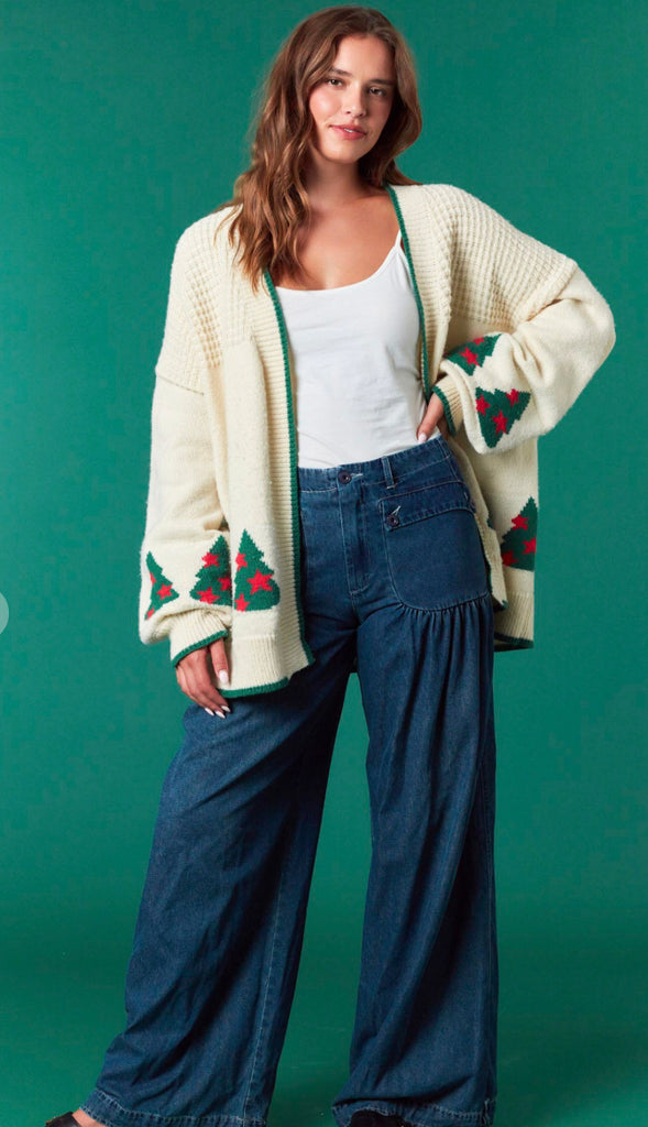 Christmas Trees Soft Cardigan- Ivory/Green