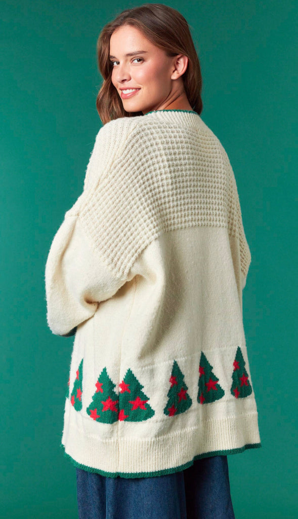 Christmas Trees Soft Cardigan- Ivory/Green