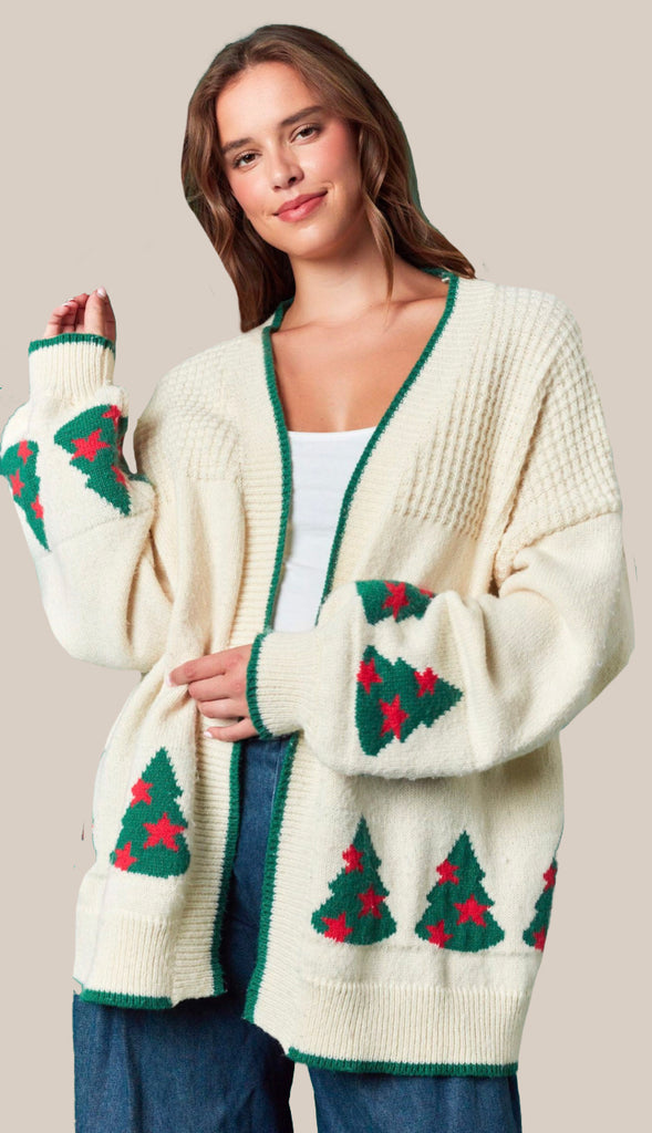 Christmas Trees Soft Cardigan- Ivory/Green