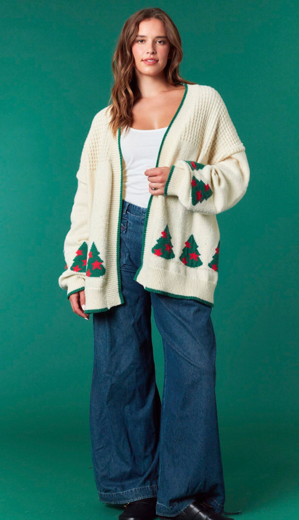 Christmas Trees Soft Cardigan- Ivory/Green