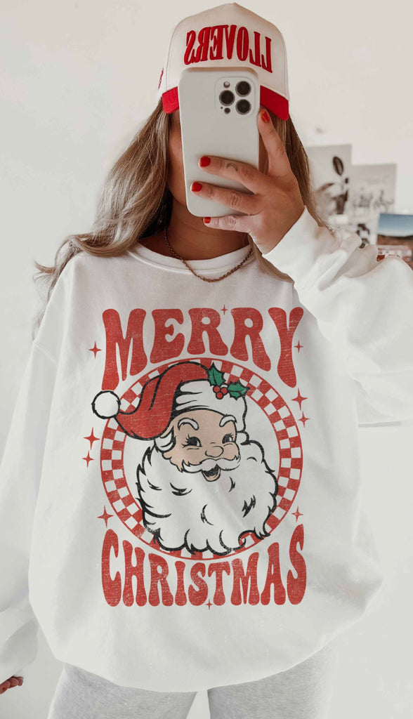 Merry Christmas Retro Santa Oversized Sweatshirt- Ash Grey