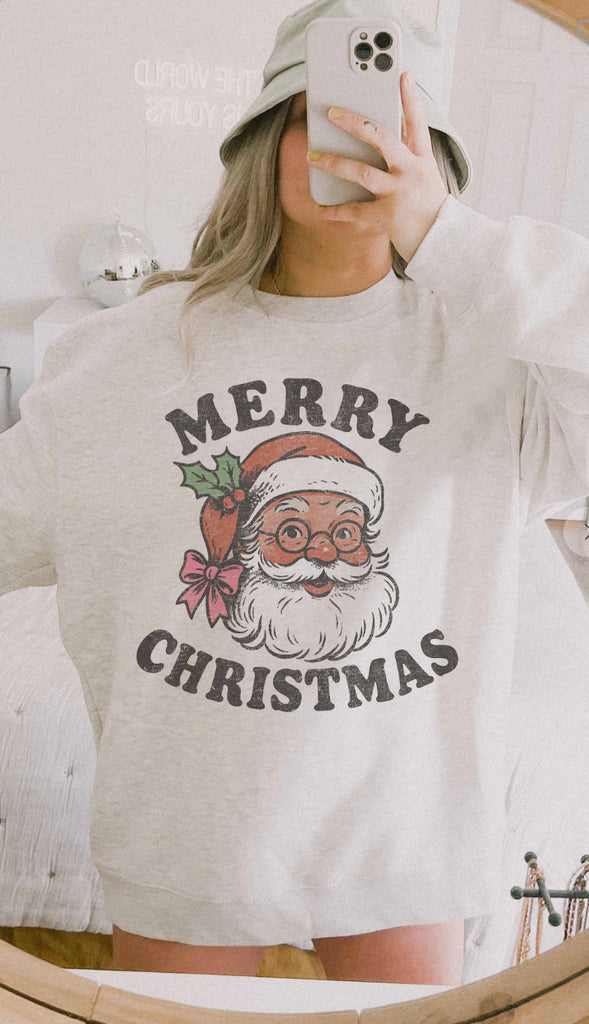 Merry Christmas Santa Graphic Sweatshirt- Sand
