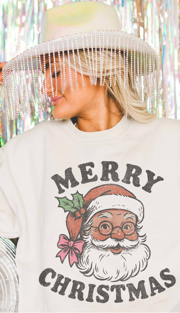 Merry Christmas Santa Graphic Sweatshirt- Sand
