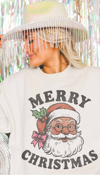 Merry Christmas Santa Graphic Sweatshirt- Sand