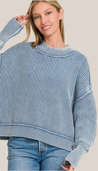 Willow Washed Side Slit Oversized Cropped Sweater- Classic Blue