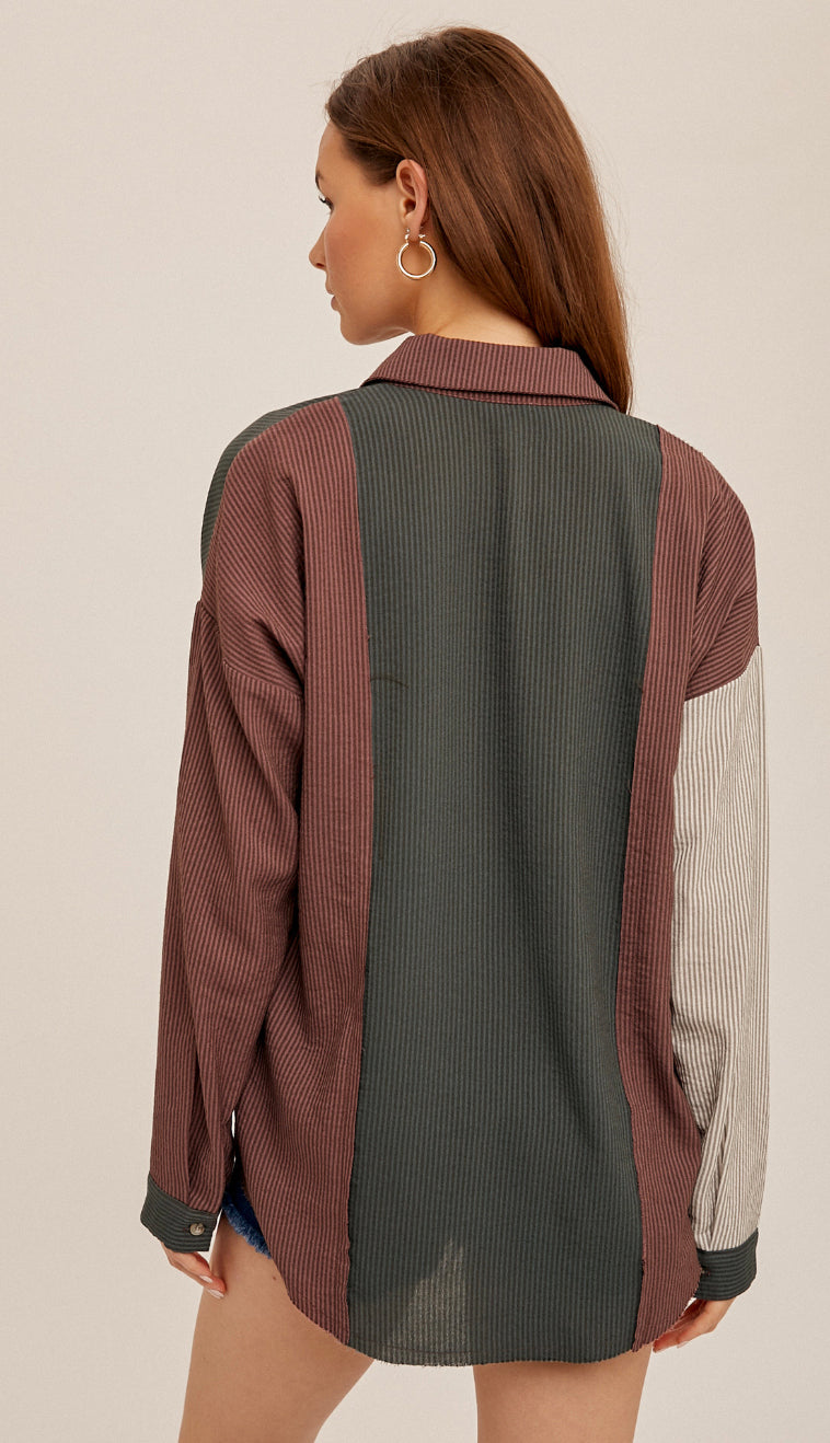Tia Color Block Oversize Shirt- Dark Green