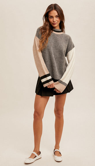 Ava Color Block Sweater- Grey/Taupe