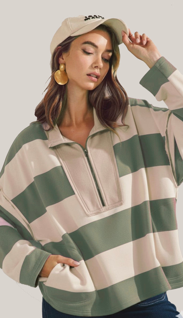 Vintage Striped Top With Front Zip- Sage/Oatmeal