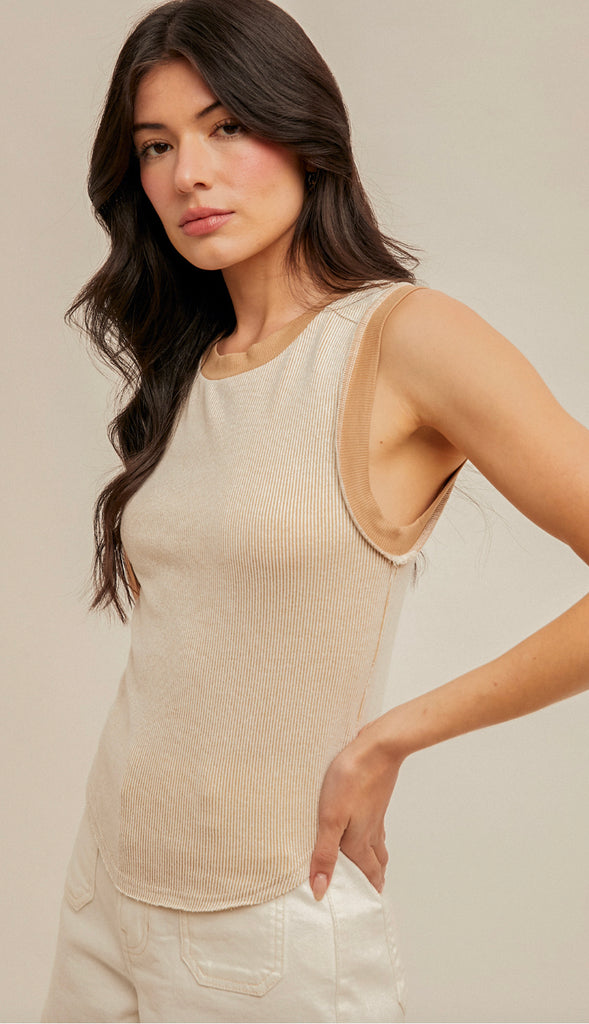 Bridget Two Tone Ribbed Tank- Taupe