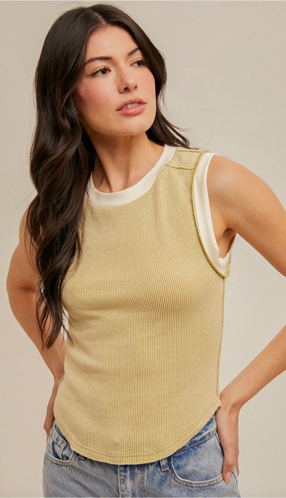 Bridget Two Tone Ribbed Tank- Lime