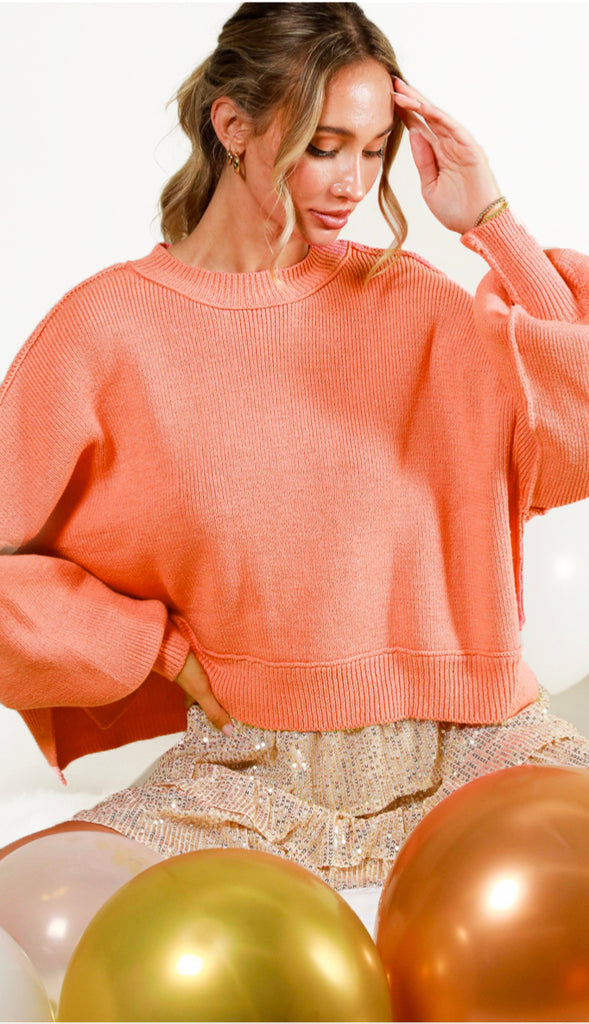 Take A Moment Balloon Sleeve Sweater- Coral