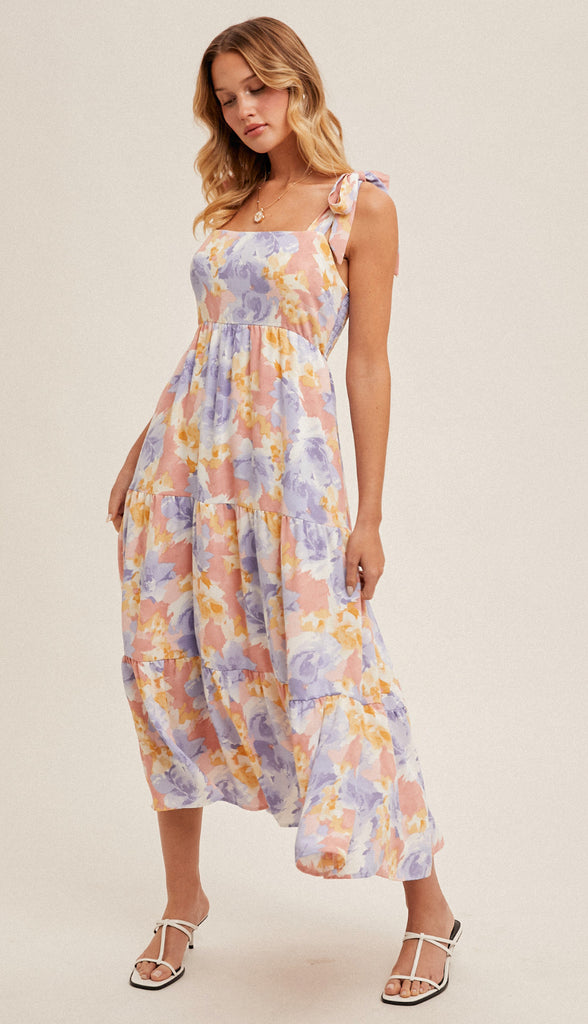 Portia Tie Strap Tiered Midi Floral Dress- Coral/Purple