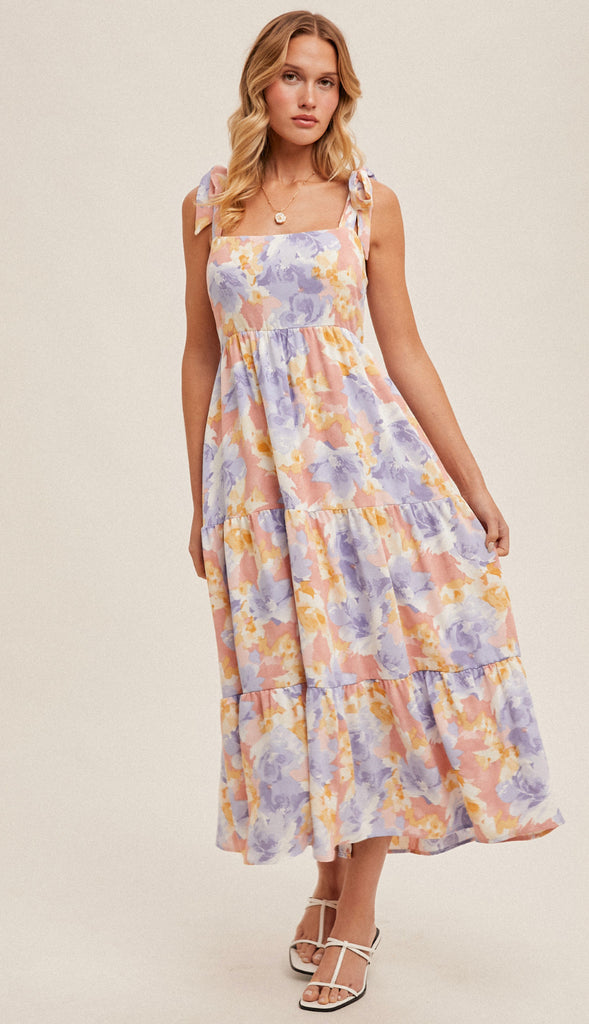 Portia Tie Strap Tiered Midi Floral Dress- Coral/Purple
