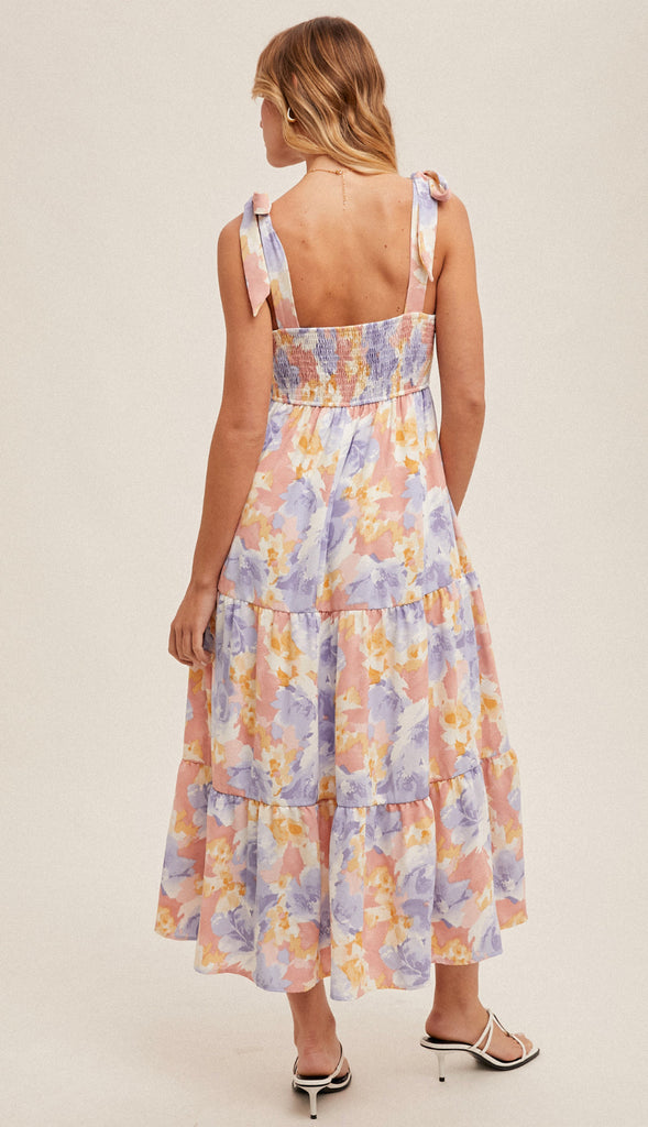 Portia Tie Strap Tiered Midi Floral Dress- Coral/Purple