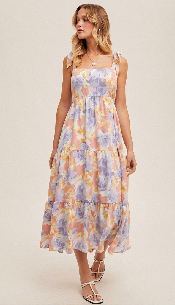 Portia Tie Strap Tiered Midi Floral Dress- Coral/Purple