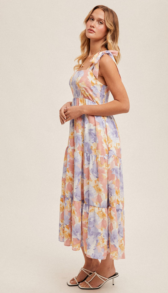 Portia Tie Strap Tiered Midi Floral Dress- Coral/Purple