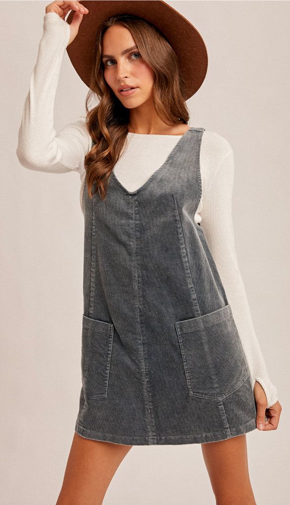 Snow Wash Corduroy Pinafore Dress- Washed Teal