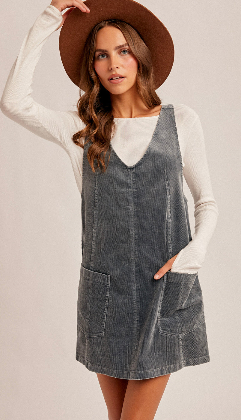 Snow Wash Corduroy Pinafore Dress- Washed Teal Snow Wash Corduroy Pinafore Dress- Washed Teal