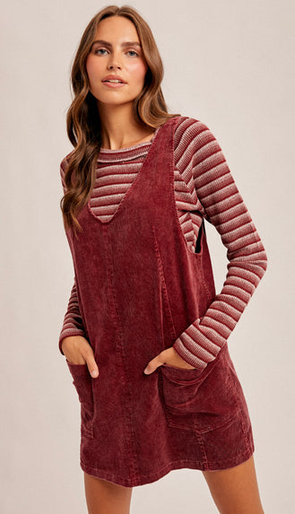 Snow Wash Corduroy Pinafore Dress- Raspberry