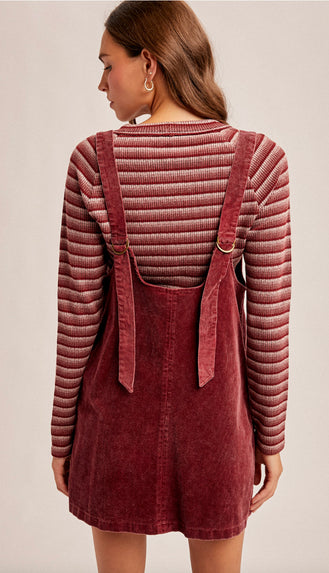 Snow Wash Corduroy Pinafore Dress- Raspberry