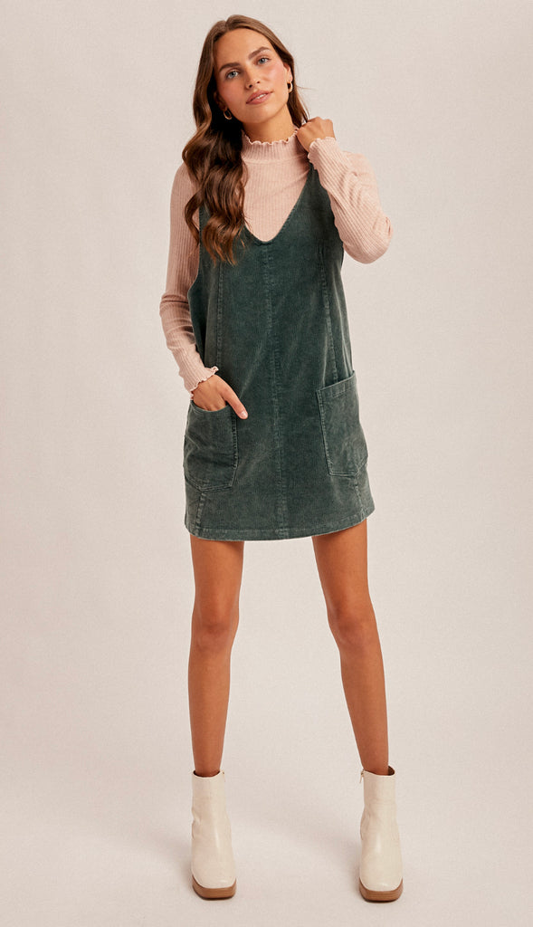 Snow Wash Corduroy Pinafore Dress- Hunter Green