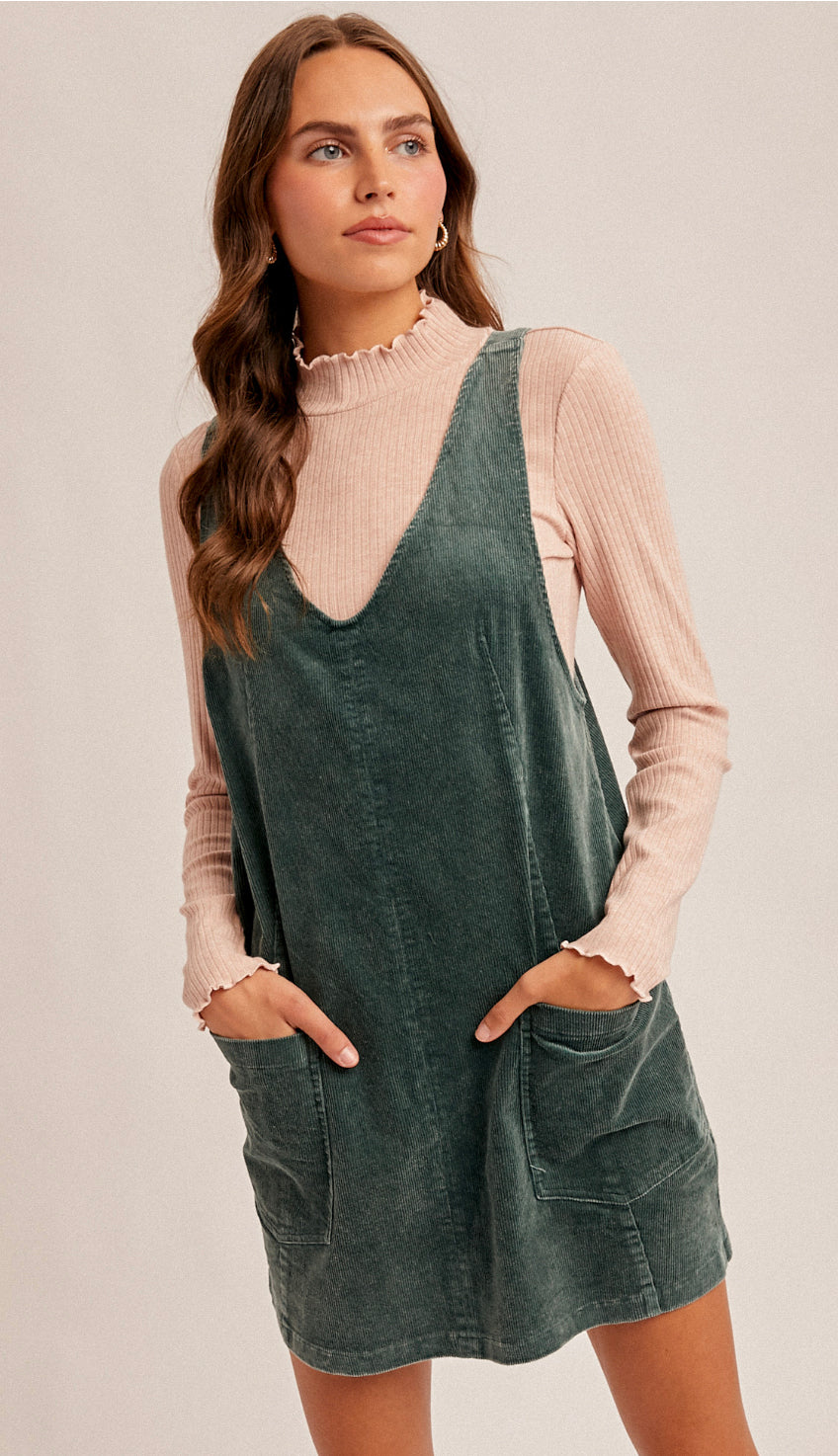 Snow Wash Corduroy Pinafore Dress- Washed Teal Snow Wash Corduroy Pinafore Dress- Washed Teal