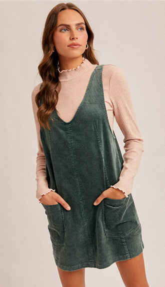 Snow Wash Corduroy Pinafore Dress- Hunter Green