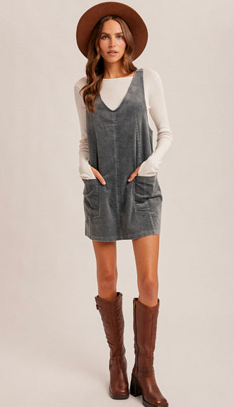 Snow Wash Corduroy Pinafore Dress- Washed Teal