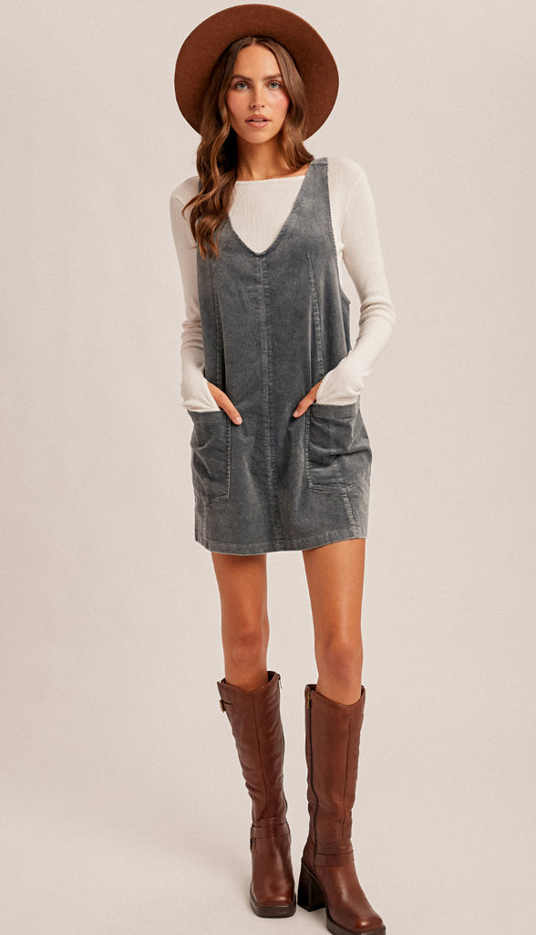 Snow Wash Corduroy Pinafore Dress- Hunter Green