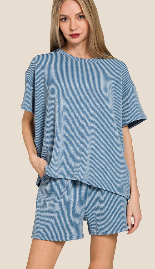 Corded Ribbed Tee And Shorts Set- Dusty Blue