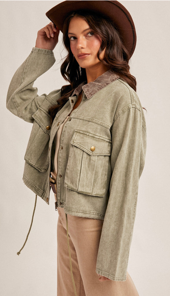 Lewis Corduroy Collar Contrast Twill Crop Jacket- Olive