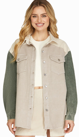 Kayla Button Down Corduroy Washed Jacket- Olive