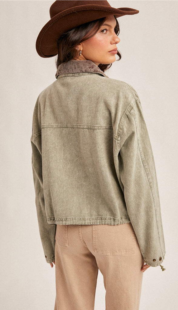 Lewis Corduroy Collar Contrast Twill Crop Jacket- Olive