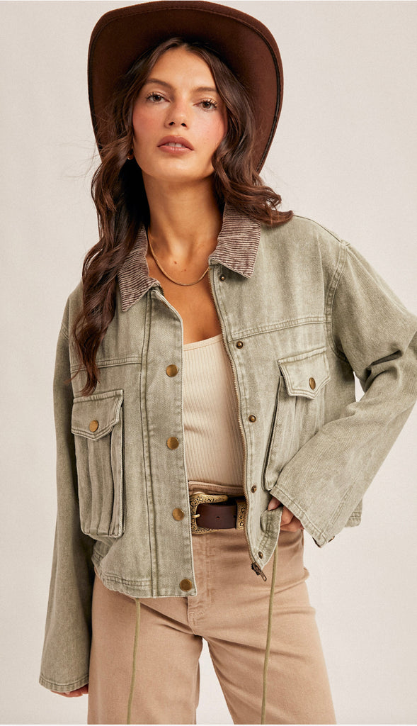 Lewis Corduroy Collar Contrast Twill Crop Jacket- Olive
