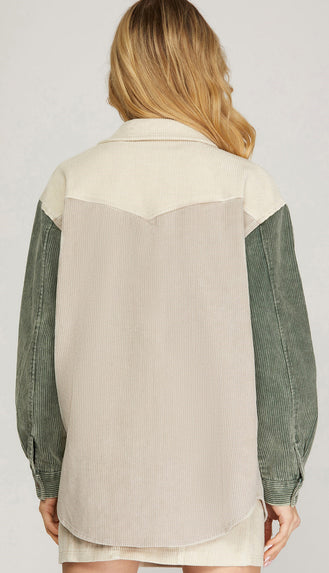 Kayla Button Down Corduroy Washed Jacket- Olive